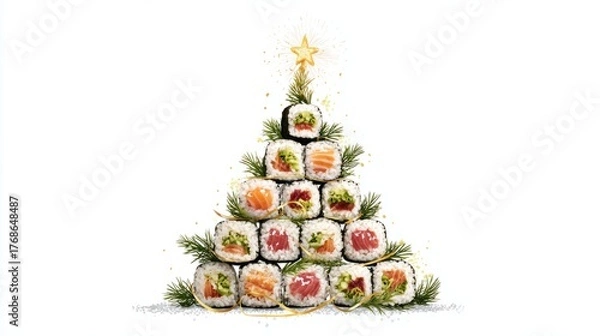 Fototapeta A creative arrangement of sushi rolls shaped like a Christmas tree, decorated with green pine branches and topped with a star.
