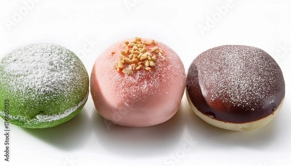 Fototapeta A Variety Of Mochi Donuts Or Pon De Rings Collection Of Various Donuts Flavor Chocolate Strawberry Blueberry White Chocolate Mint Chocolate Matcha Flavor Isolated On White Background