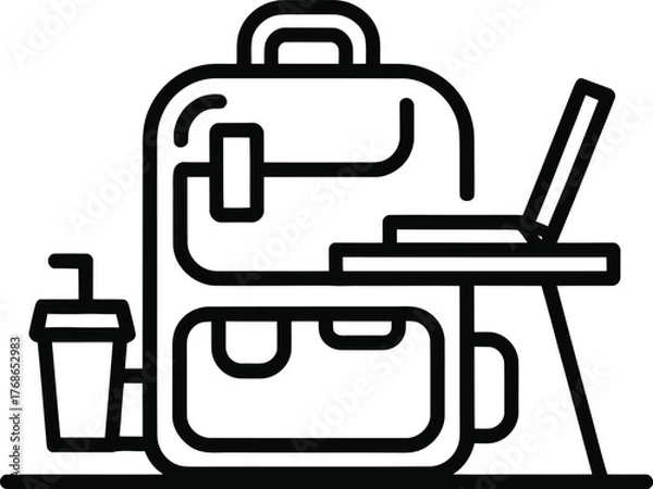 Fototapeta Backpack with laptop and drink icon on white background computer notebook