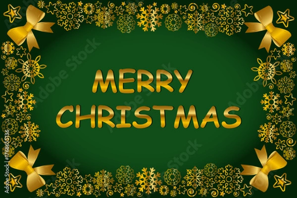 Fototapeta Festive golden merry christmas design with snowflakes and bows on green background.