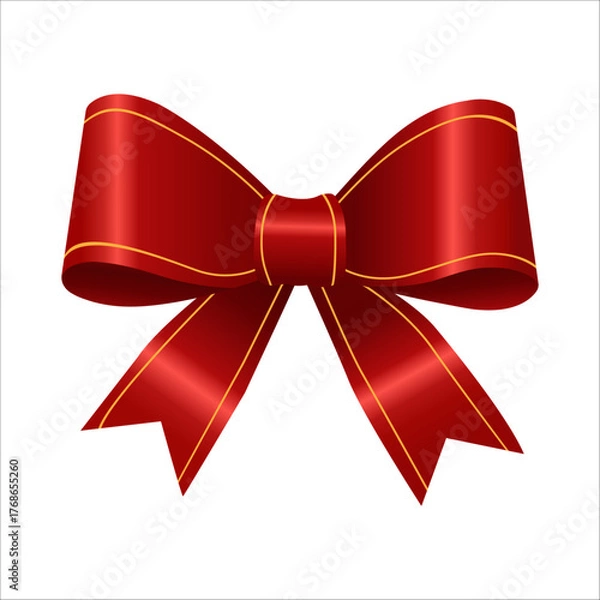 Fototapeta Elegant red ribbon bow with gold trim on white background.