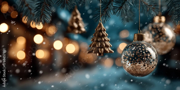 Fototapeta Dark blue Christmas holiday background with hanging old metallic gold ornaments. The snowy background features a bokeh effect with warm golden lights. Space for text.