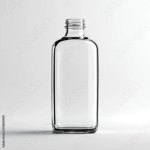 Obraz Clear, empty, rectangular glass bottle with screw neck rests centered on a bright, minimalist white surface casting soft shadow