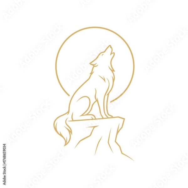 Fototapeta vector illustration of a golden wolf howling on a cliff