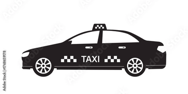 Fototapeta Taxi cab. Taxi car, black icon. Taxi service silhouette, element isolated on white background. Round the clock service.  Monochrome design