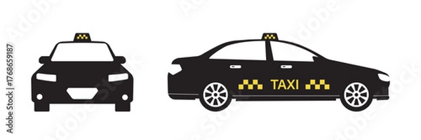 Fototapeta Taxi cab, front and side view. Taxi car, black icon. Taxi service silhouette, elements isolated on white background. Round the clock service