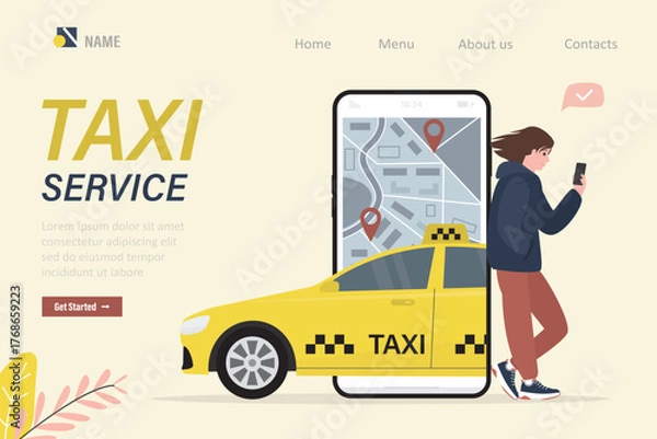 Obraz Taxi service, landing page template. Woman customer use mobile phone for ordering taxi, online app. Smartphone user interface with transport service. Yellow cab, passenger vehicle
