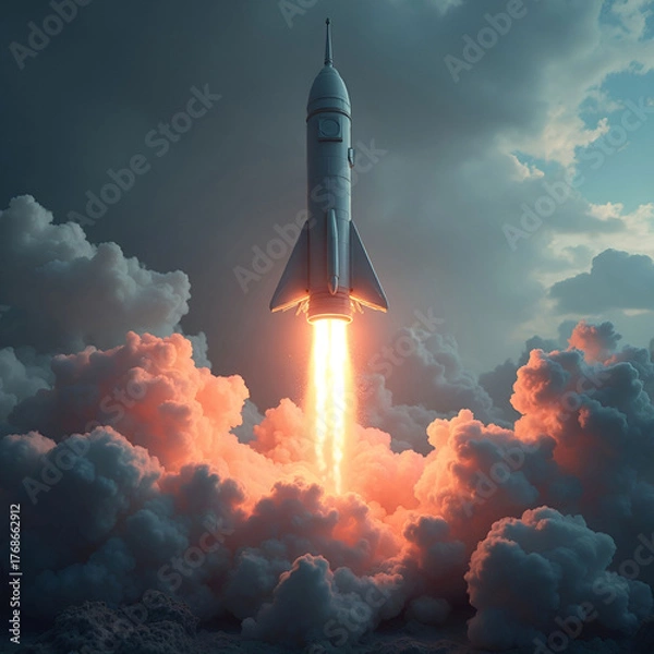 Fototapeta Futuristic rocket launching with fire and smoke