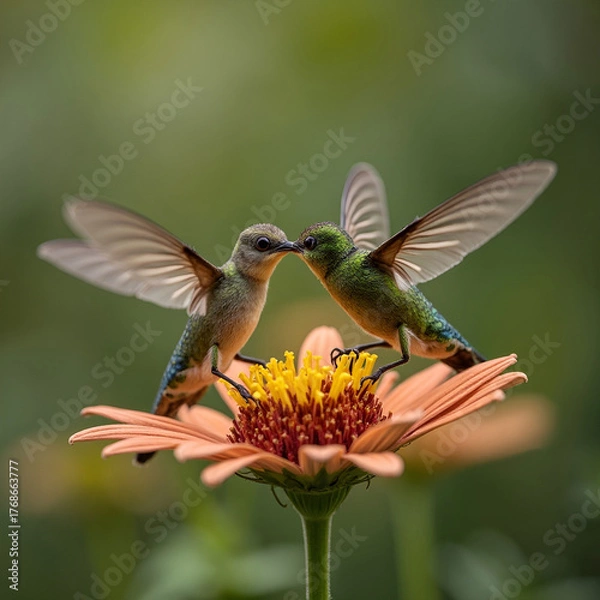Fototapeta Hummingbird frozen mid flight drinking nectar from a flower