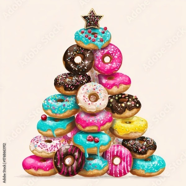 Fototapeta Stack of colorful glazed and sprinkled donuts artistically arranged in shape of festive Christmas tree topped with star