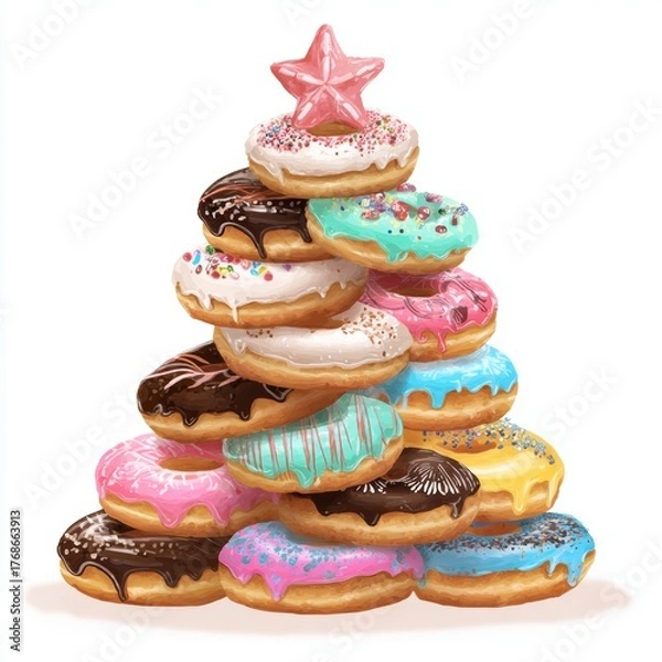Fototapeta Stack of colorful glazed donuts forming a festive holiday tower shape topped with pink star