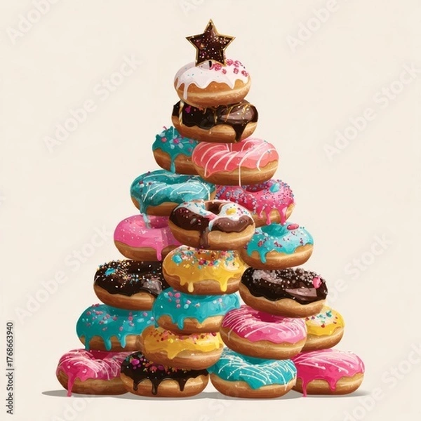 Fototapeta Stack of colorful frosted donuts arranged in pyramid shape topped with chocolate star
