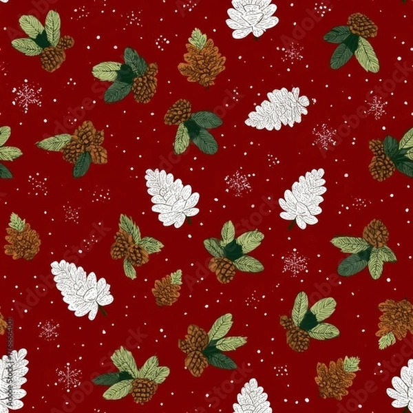Fototapeta Seamless pattern featuring brown and white pinecone illustrations with falling snow on bright red background