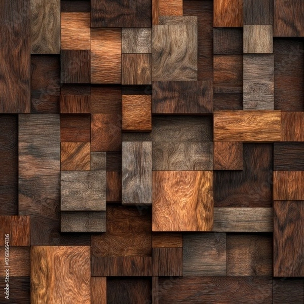 Fototapeta Abstract background composed of three dimensional interlocking dark and light brown wooden block pattern texture