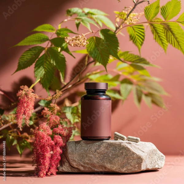 Fototapeta Natural supplement bottle rests on textured stone with vibrant green foliage and delicate reddish-pink bloom accentuating herbal remedy