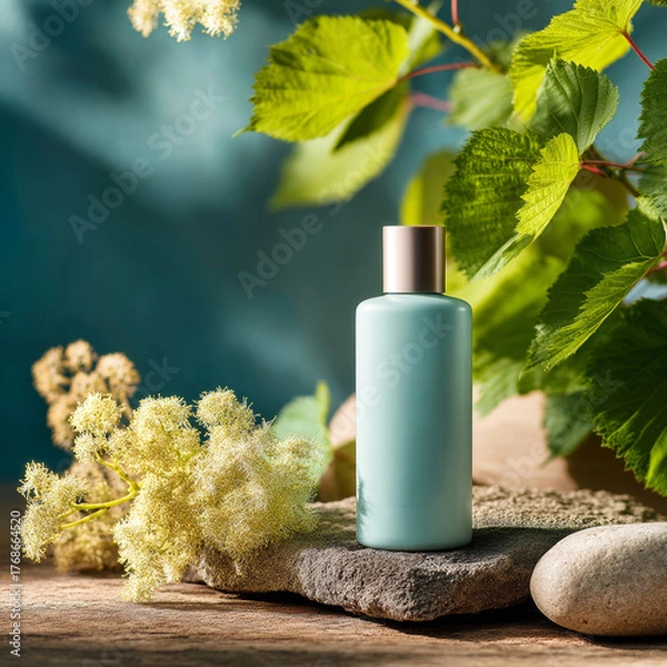 Fototapeta Elegant light green cosmetic bottle with gold cap rests on natural stone surrounded by lush foliage and soft bloom in serene outdoor setting