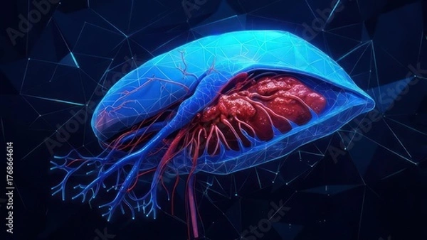 Obraz 3D anatomical model of a liver, highlighted with translucent blue & red vessels, set against a dark blue polygonal backdrop