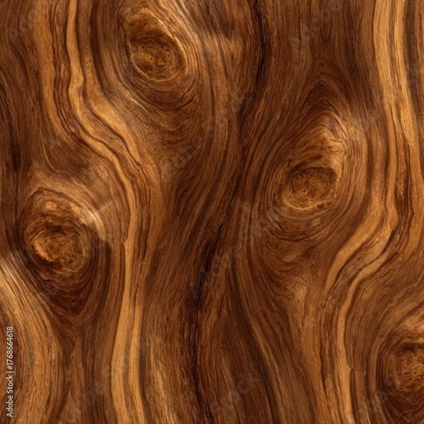 Fototapeta Rich brown wood grain texture featuring distinct circular burl patterns and deep vertical lines offering natural warmth.