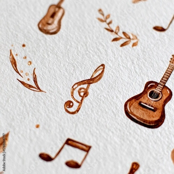 Fototapeta Close-up watercolor illustration featuring various musical symbols and small acoustic guitar shapes on textured white paper background