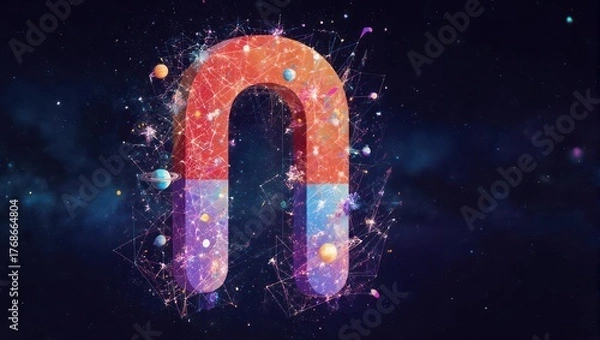 Obraz A 3D rendered horseshoe magnet, outlined with colorful digital network, amidst a cosmic backdrop