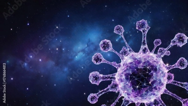 Obraz A 3D virus model, polygonal, purple, against a dark space background