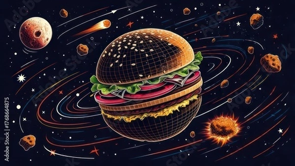 Obraz A burger in space, orbiting planets and asteroids.  Detailed illustration of a burger as a celestial body, amidst a cosmic background
