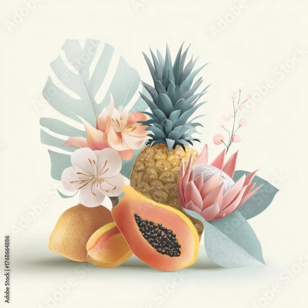 Fototapeta Delicate arrangement of vibrant tropical fruit like pineapple and papaya mixed with soft pastel-colored exotic bloom