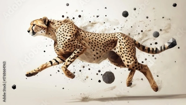 Obraz A cheetah in mid-flight, its form defined by geometric shapes and speckled with abstract elements
