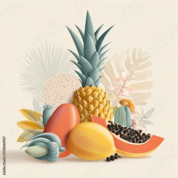 Fototapeta Tropical fruit arrangement featuring pineapple, mango, papaya, and cashew presented with stylized botanical elements on muted background