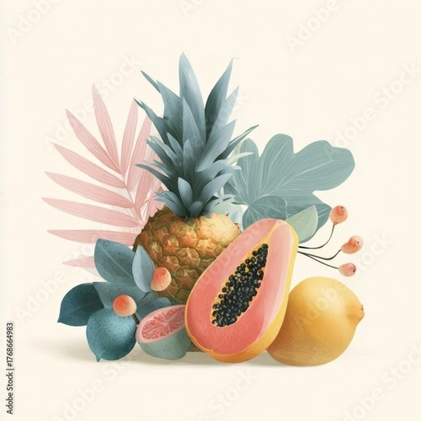 Fototapeta Stylized arrangement of tropical fruit including pineapple, papaya, lemon, and citrus slice with pastel foliage background
