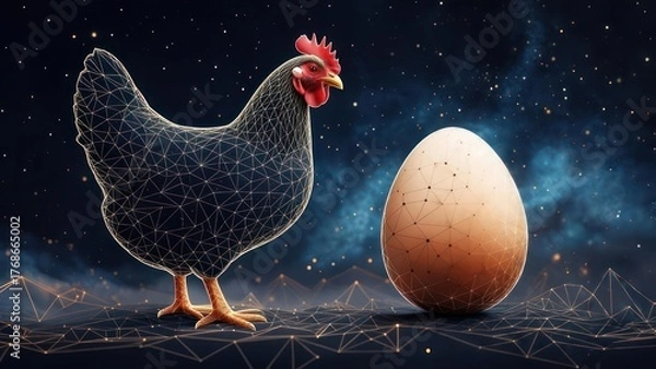 Obraz A chicken with a digital, wireframe body stands next to a large egg.  Dark background with star and cloud elements