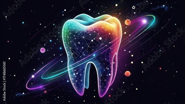 Obraz A colorful, abstract tooth graphic, set against a dark cosmic background, with glowing, interconnected lines creating a 3D effect, and orbiting celestial bodies