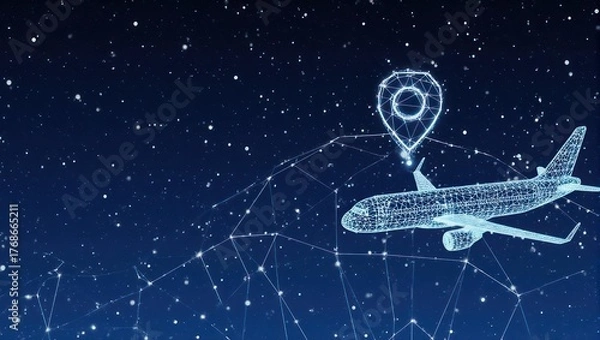 Obraz A digital airplane, location pin, and starry night.  Abstract,  technological,  travel concept
