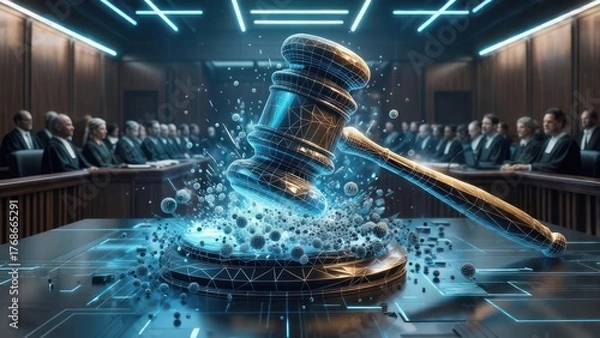 Obraz A digital gavel over a court scene, surrounded by tech