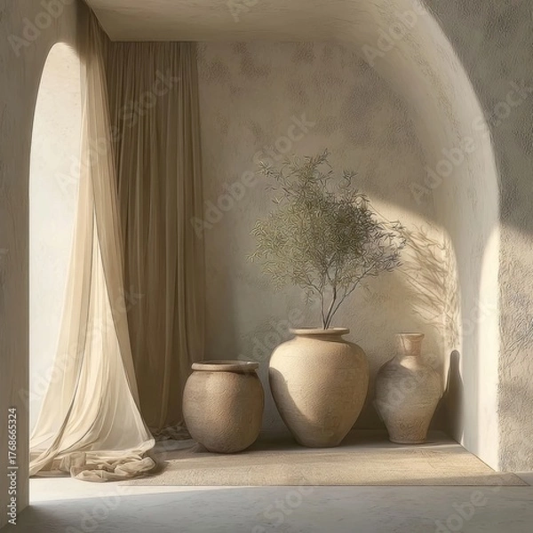Fototapeta Serene interior scene featuring three earthen amphorae with small foliage set near an arched window draped with sheer beige fabric.