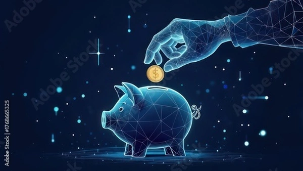 Obraz A digital hand, composed of interconnected lines, deposits a coin into a polygonal piggy bank against a dark blue backdrop speckled with glowing dots and lines