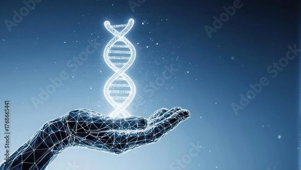 Obraz A digital hand, outlined in lines, holds a glowing DNA double helix
