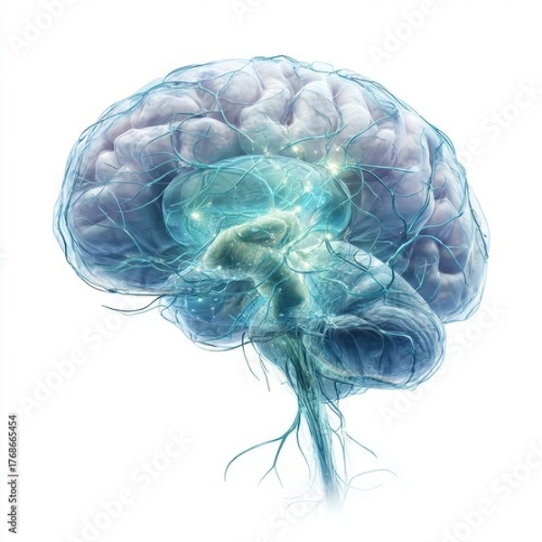 Fototapeta Glowing neural network illustration showing active connections within translucent human brain structure isolated on white background