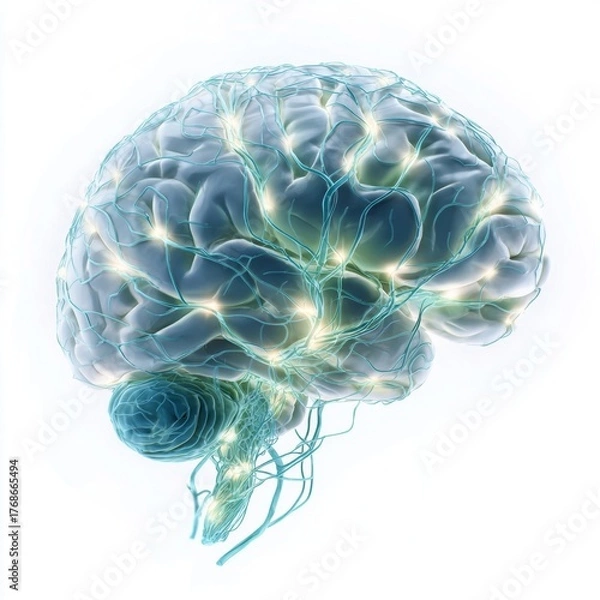 Fototapeta Illuminated human brain rendered with glowing neural network pathway visualization against white background signifying thought process and activity