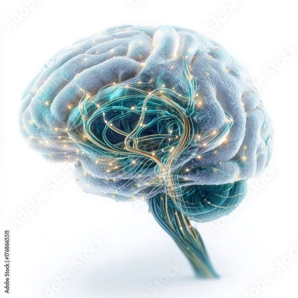 Fototapeta Illuminated neural network visualization highlights intricate connectivity and electrical impulses within human brain structure against stark white background.