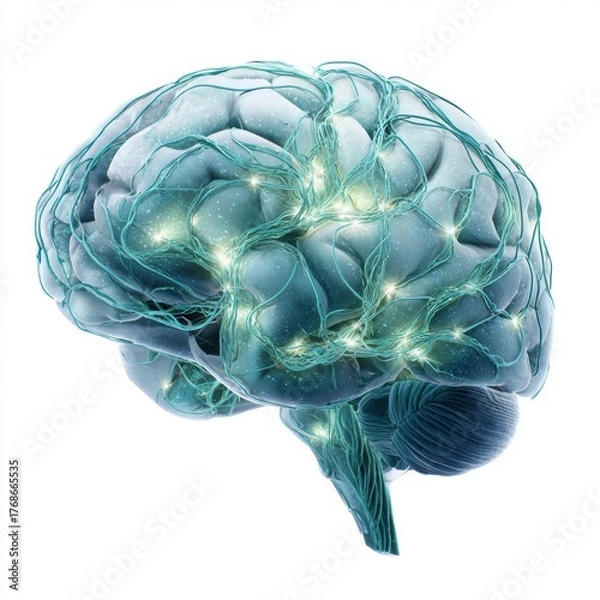 Fototapeta Glowing neural network visualization overlaying abstract human brain anatomy against white background symbolizing thought and cognition