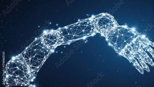 Obraz A digital illustration of an arm, structured as interconnected points and lines, glowing with white light against a dark blue background dotted with small lights