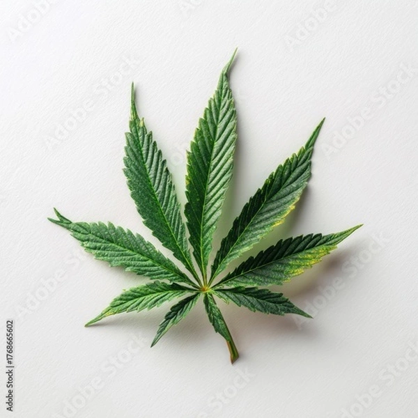 Fototapeta Single vibrant green cannabis sativa leaf displayed centrally against clean, light background with subtle texture emphasizing natural detail