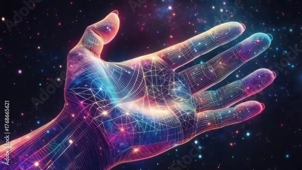 Obraz A digital rendering of a hand, its form interwoven with glowing, colorful lines and points, against a backdrop of a starry night sky