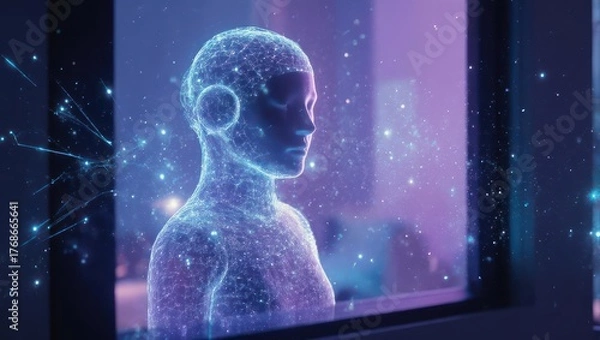Obraz A digital representation of a person, seen through a window, glowing with interconnected light particles