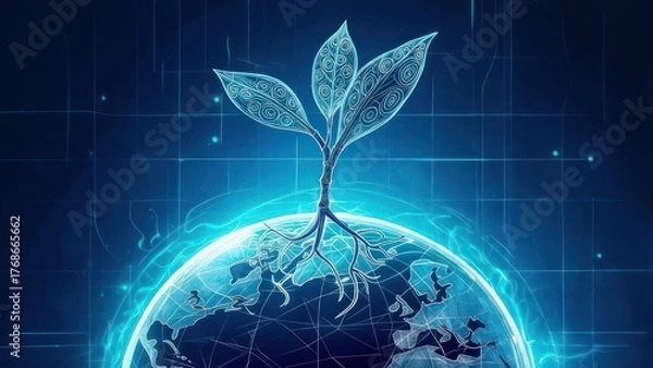 Obraz A digital seedling sprouts from the earth, glowing with technological detail over a world map