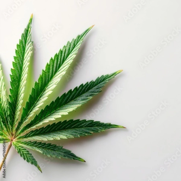 Fototapeta Detailed close-up of green cannabis leaf with variegation lying on clean white surface creating copy space