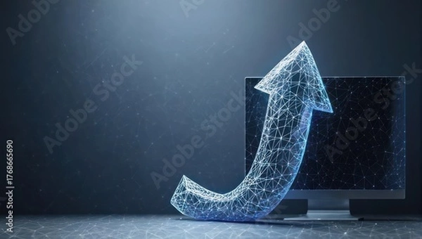 Obraz A digital upward-pointing arrow, wire-frame style, curves around a monitor
