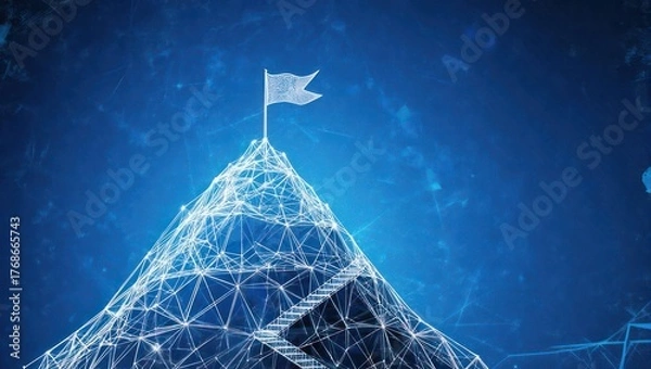 Obraz A digitally rendered mountain peak, with a flag atop, and a network of connecting lines