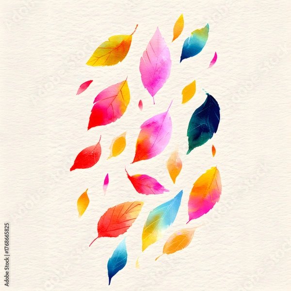 Fototapeta Vibrant watercolor illustration depicts colorful autumn leaves floating gently across textured cream background space